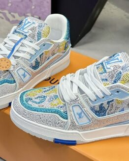 Louis Vuitton Trainer Maxi Icy Blue Camouflage #54 Handcrafted Rhinestone Sneakers Women