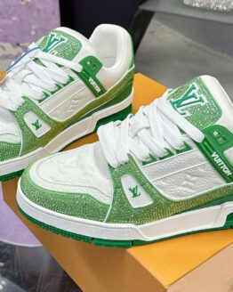 Louis Vuitton Trainer Maxi Green & White Handcrafted Rhinestone Sneaker Women