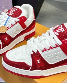 Louis Vuitton Trainer Maxi Red & White Handcrafted Rhinestone Sneakers Women